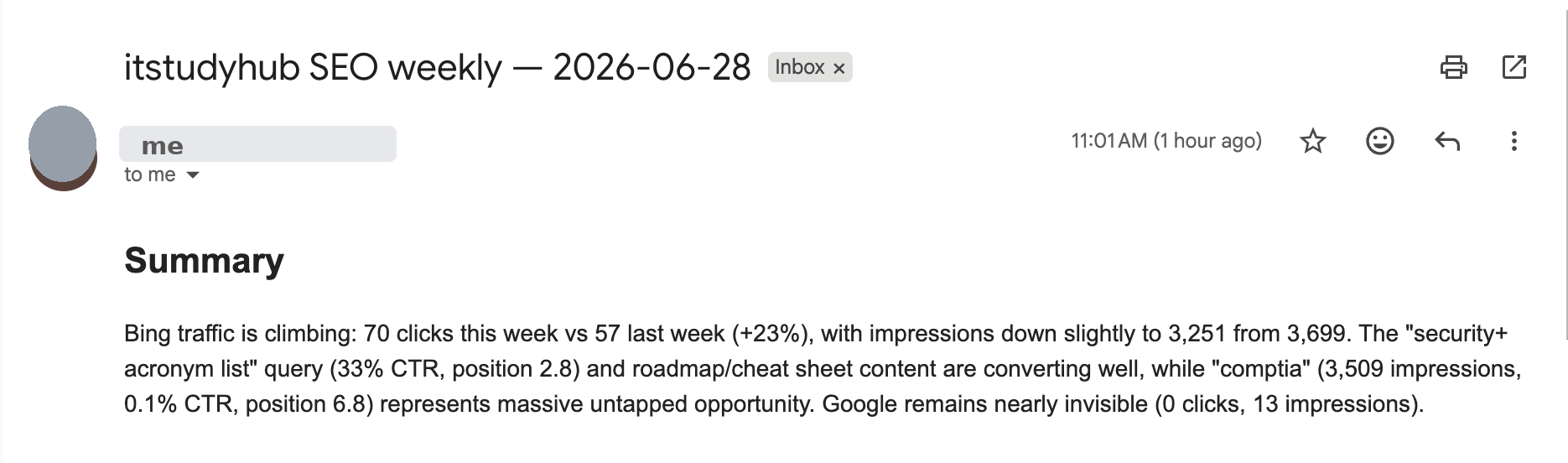 A weekly SEO summary email generated automatically by a Python agent running on the always-on Dell home lab server via Windows Task Scheduler.