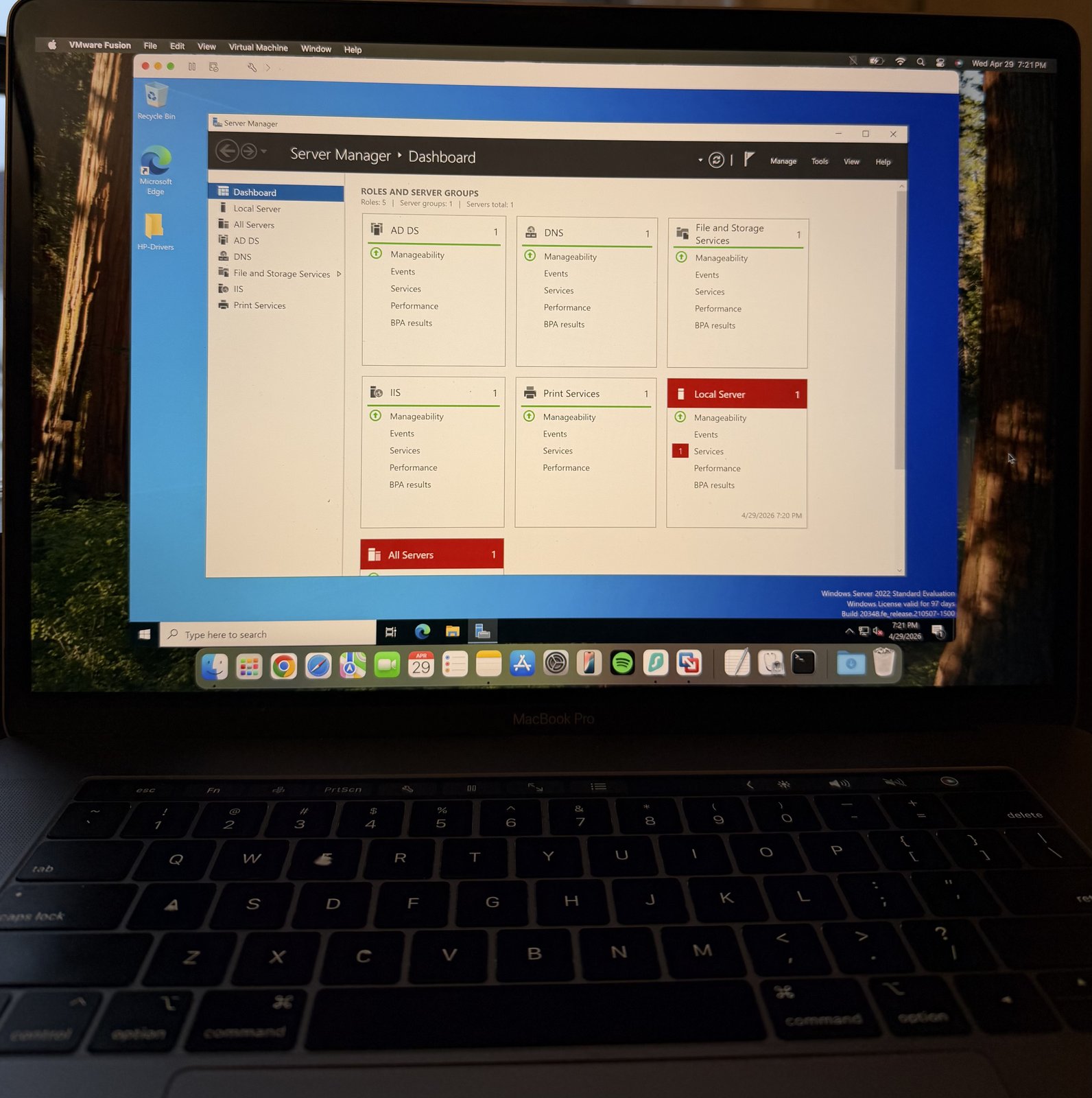 Windows Server 2022 Server Manager Dashboard inside VMware Fusion, with AD DS, DNS, File and Storage Services, IIS, and Print Services roles installed.