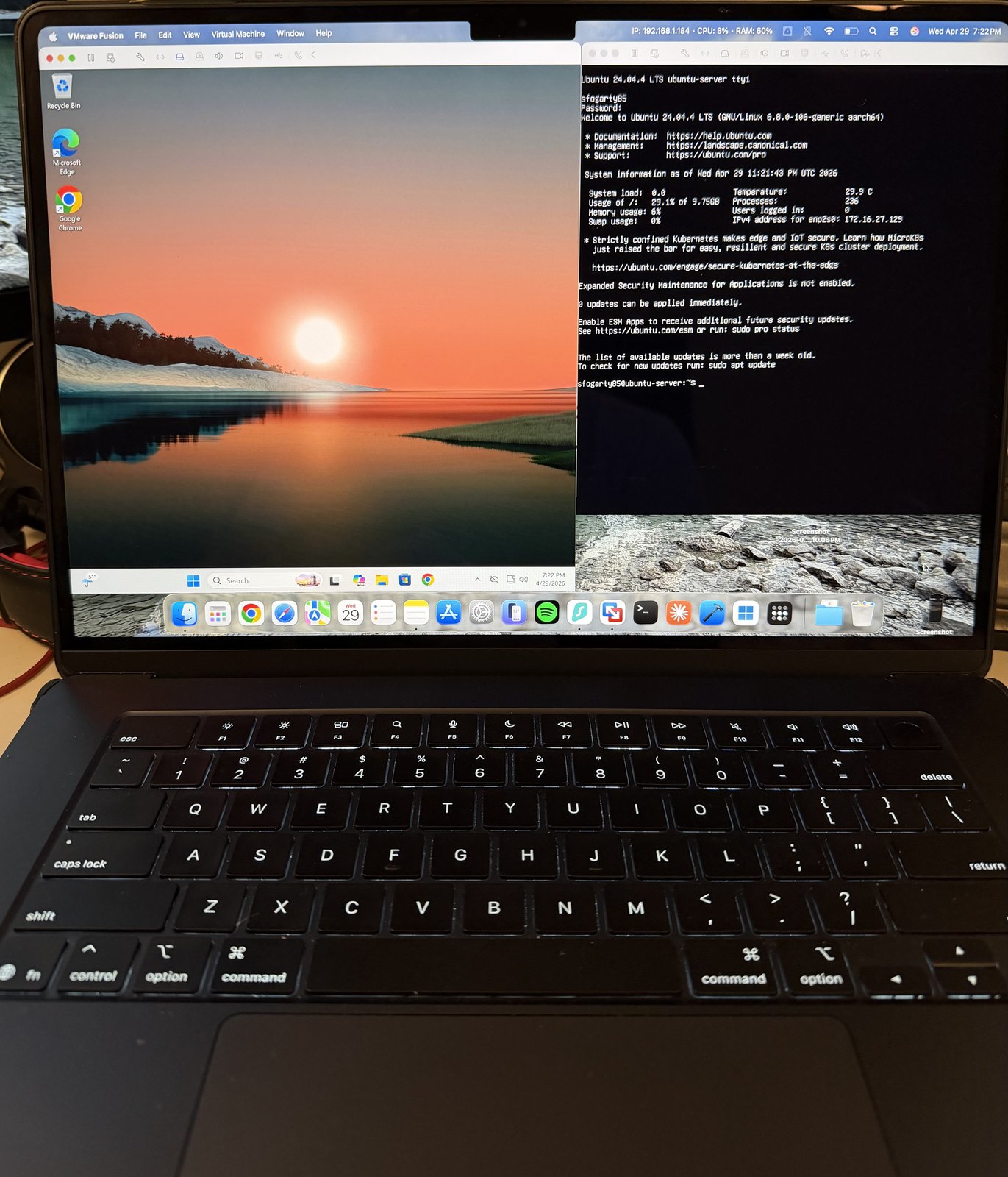 A MacBook Pro running VMware Fusion with two VMs side-by-side: Windows 11 on the left and Ubuntu 24.04 LTS Server (console view) on the right.